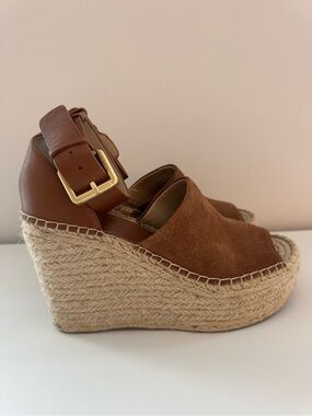 Marc Fisher Brown Suede Espadrille Wedge Sandals with Gold Buckle